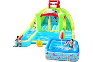 WELLFUNTIME Inflatable Water Double Slides Park with Blower, Bouncy Castle with Rock Climbing, Inflatable Pool, Basketball, Large Deep Pool and Water Guns