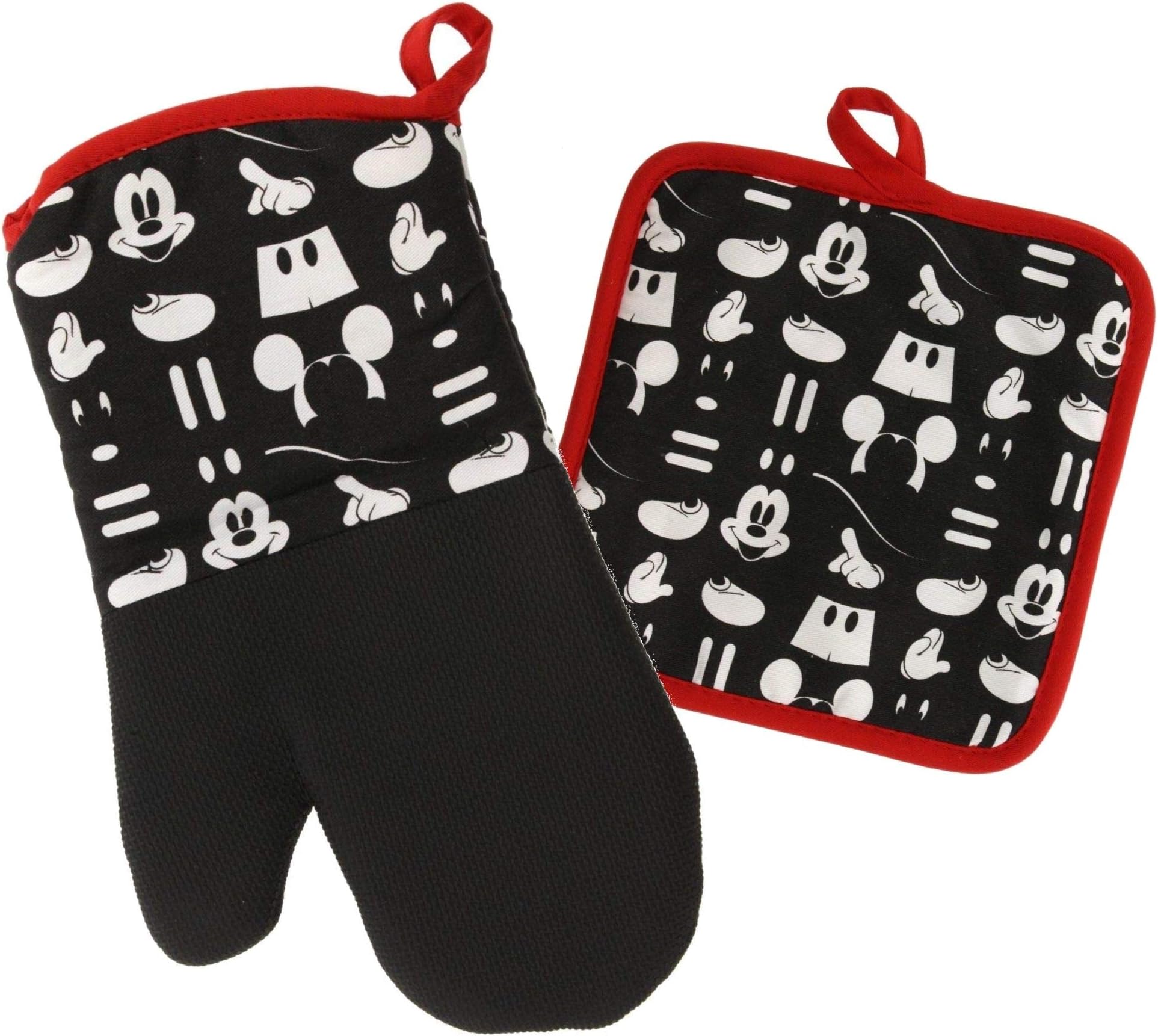 Disney Kitchen Oven Mitt/Glove and Square Potholder Set w/Neoprene for Easy Non-Slip Gripping - Protect Your Hands in The Kitchen - Heat Resistant Kitchen Accessories - Mickey Mouse Icon (Black)