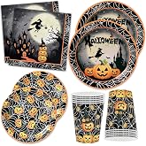 Halloween Plates and Napkins for 24, Halloween Decorations | Halloween Party Supplies, Disposable Tableware Include Cups, Witch Spider Design