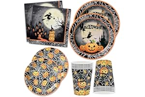 KINOVO Halloween Party Supplies Set for 24 Guests, Disposable Plates, Cups & Napkins, Pumpkin Lantern, Witch, Castle & Spider Web Design for Kids & Adults Halloween Decorations