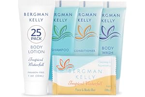BERGMAN KELLY Hotel Toiletries Bundle (Tropical Waterfall, 1 oz each, 125 Pieces) 5-Piece Set: 25 ea Rectangular Bar Soap, Shampoo, Conditioner, Body Lotion & Body Wash; Bulk Mini Guest Amenities