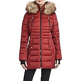 HFX Women's 3/4 Puffer Jacket With Faux Fur Trimmed Hood and Cinched Waist, Water Resistant