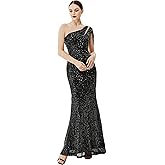 BABEYOND Women's Sequin Prom Dress - One Shoulder Maxi Dress Gowns and Evening Dresses for Party Wedding Guest Silver