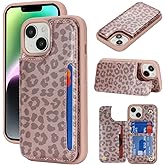 iCoverCase Compatible with iPhone 13 Phone Case with Card Holder, Wallet Case for Women Men RFID Blocking PU Leather Protective Case 6.1 Inch (Rose Gold Leopard)