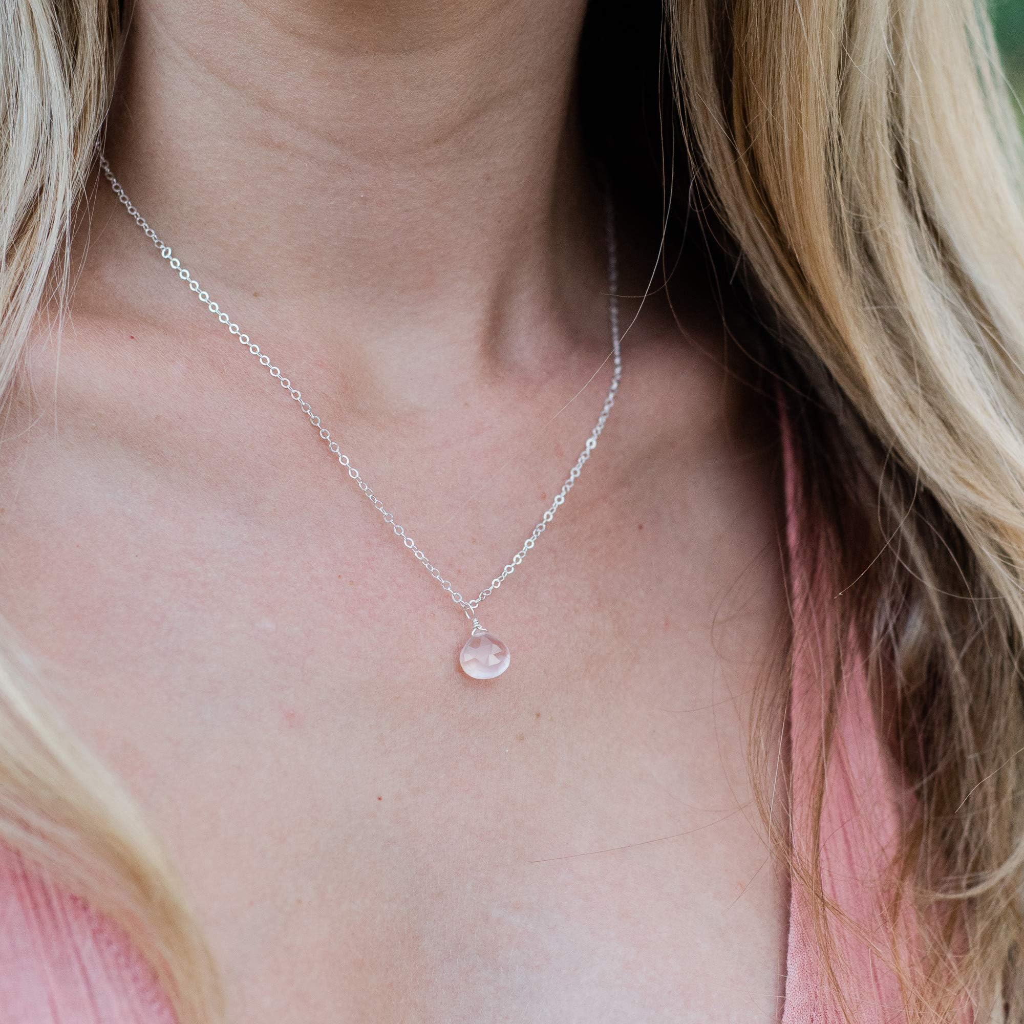 Rose Quartz Teardrop Necklace in Sterling Silver
