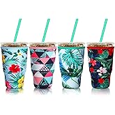Patelai 4 Pieces Reusable Iced Coffee Sleeve Cup Insulator for Cold Drinks Beverages and Holder for Most Coffee(30-32 oz Large,Hawaiian Tropic)