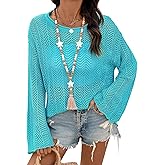 Dokotoo Womens Summer Crochet Hollow Out Sweater Bell Sleeve Beach Coverup Casual Pullover Shirt Tops Vacation Outfits