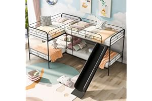 BOVZA L-Shaped Bunk Bed with Slide, Quad Bunk Beds for 4, Metal Twin Over Twin Size Corner Bunk Bed for 4 Kids Boys Girls Teens, Black