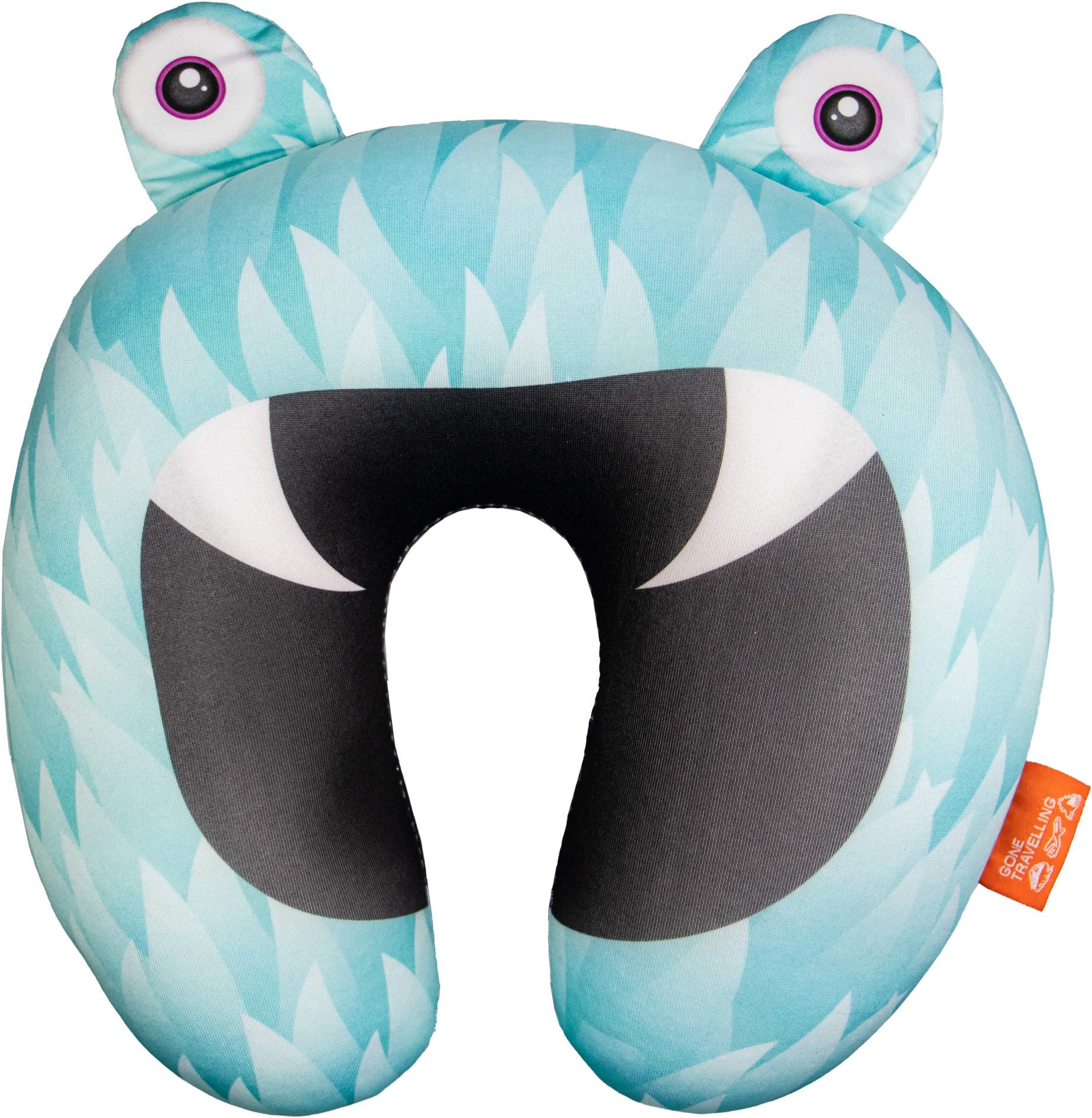 Gone Travelling Kids Travel Pillow - Children's Neck Cushion Support with Microbeads - Monster Designed Neck Pillow for Flights, Trains and Journeys to Provide Smooth Comfort - Blue