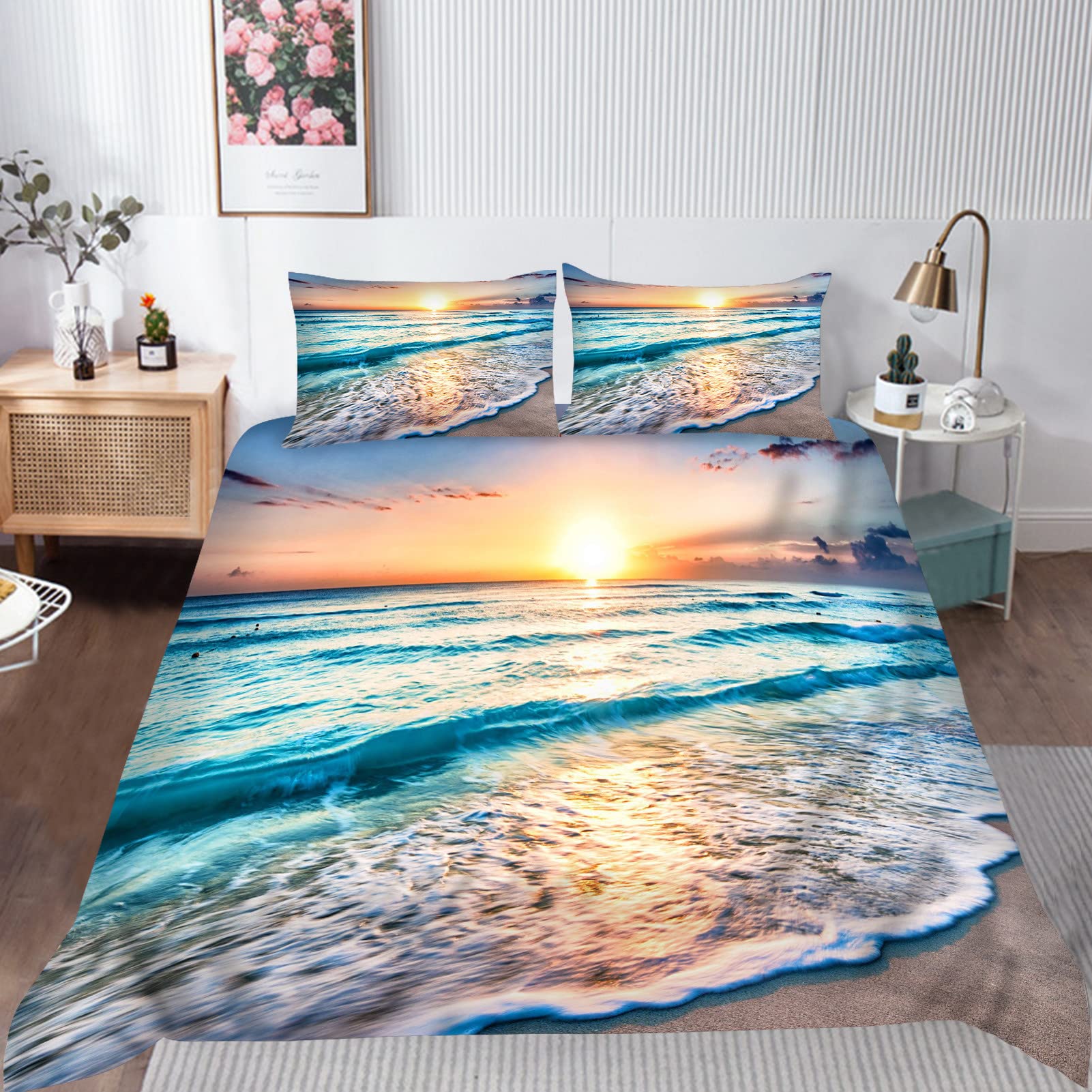 YUANZU Beach Bedding Set Double for Tropical Duvet Cover Set 3 Pieces Ocean Hawaiian Sunset Sea Waves Scenery Printed Microfiber Quilt Cover with Zipper Closure (200 x 200 cm & 2Pillowcase)