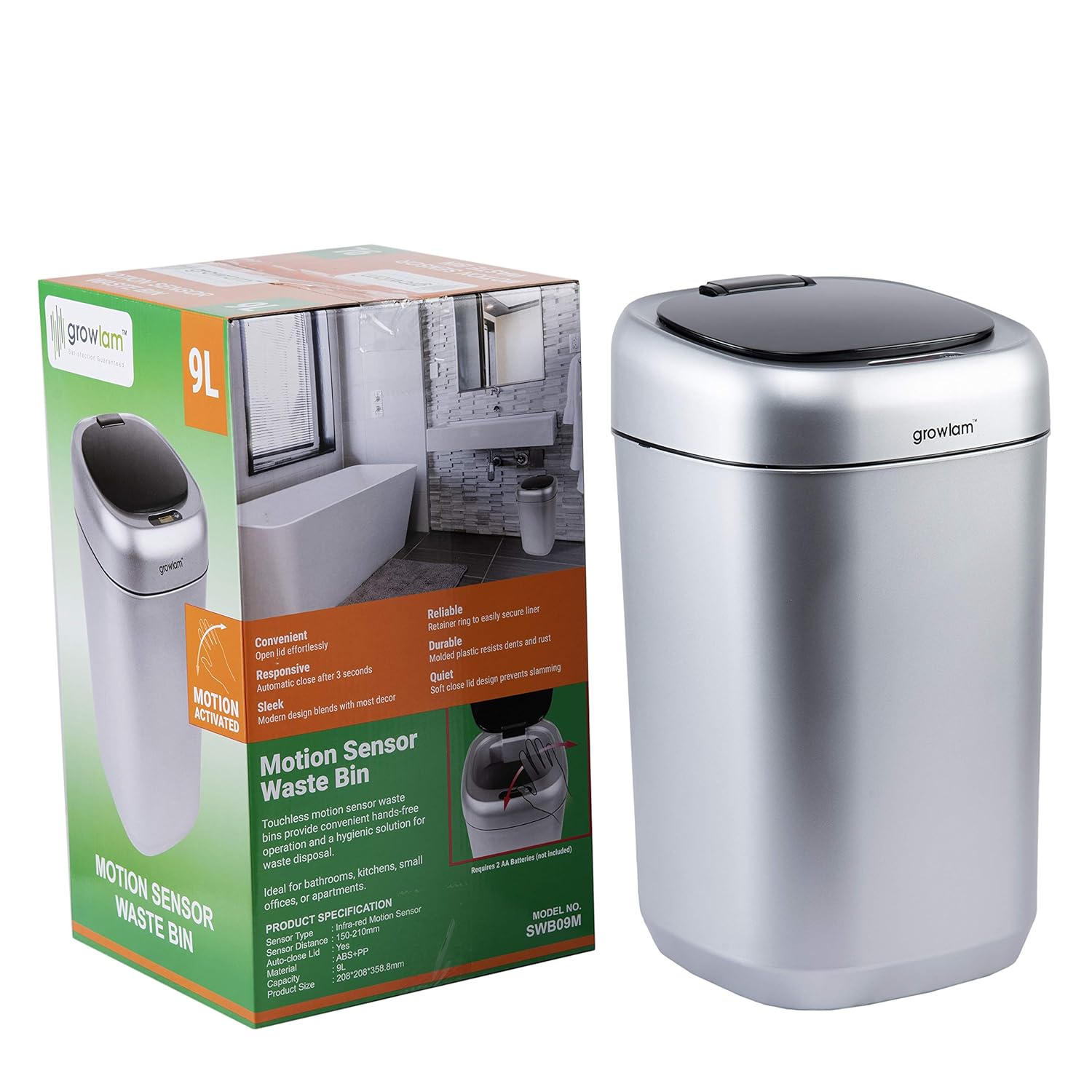 GROWLAM Motion Sensor Waste BIN (Metallic Silver) Innovative HYGIENIC
