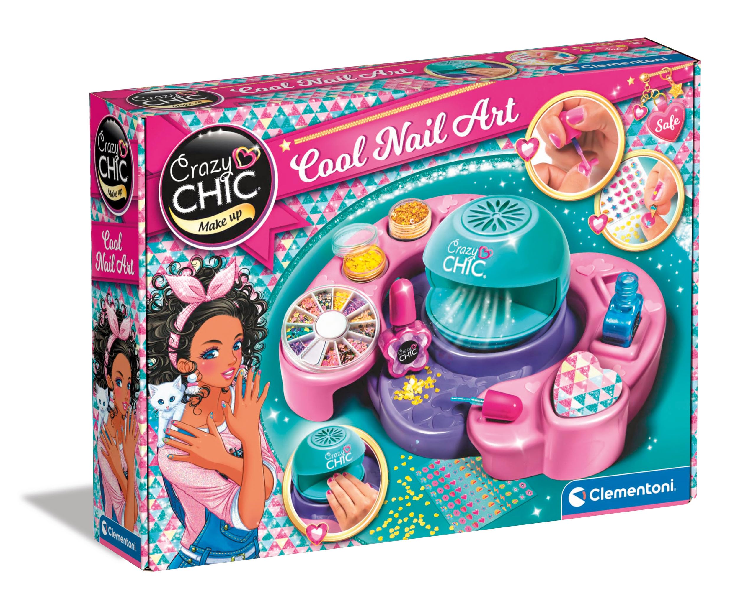 Clementoni- Crazy Chic Cool Nail Art Set for Kids: Nail Polish, Dryer, Stickers & Glitter (6+ Years)