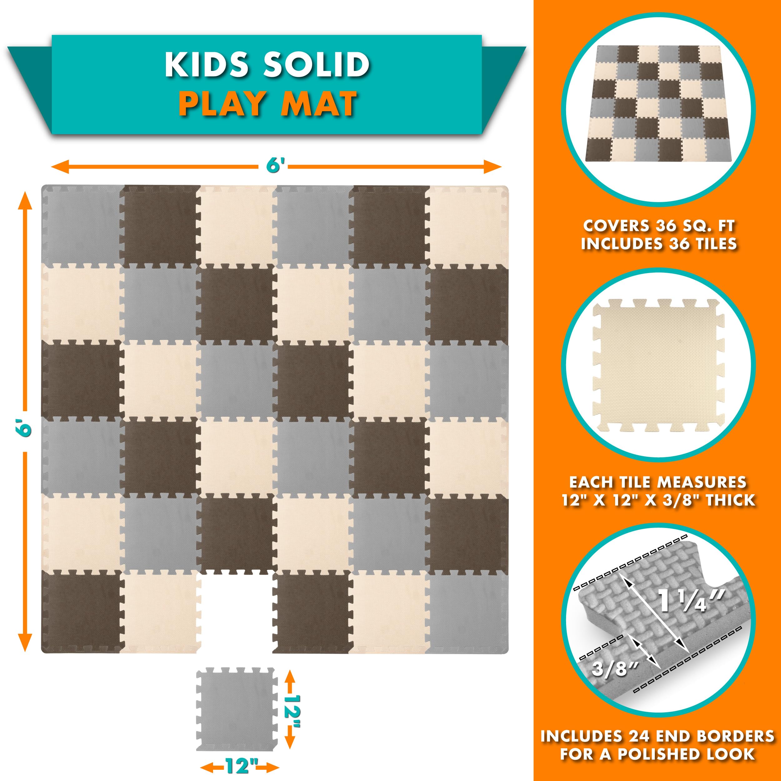 ProSource Schaumstoff-Puzzlematte Für Kinder – 36 Oder 16 Böden Mit Rand – Weich, Sicher & Farbenfroh