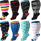 Croknit 8 Pairs Plus Size Compression Socks for Women Men 20-30 Mmhg Wide Calf Extra Large Knee Support Socks for Nurse Running Circulation