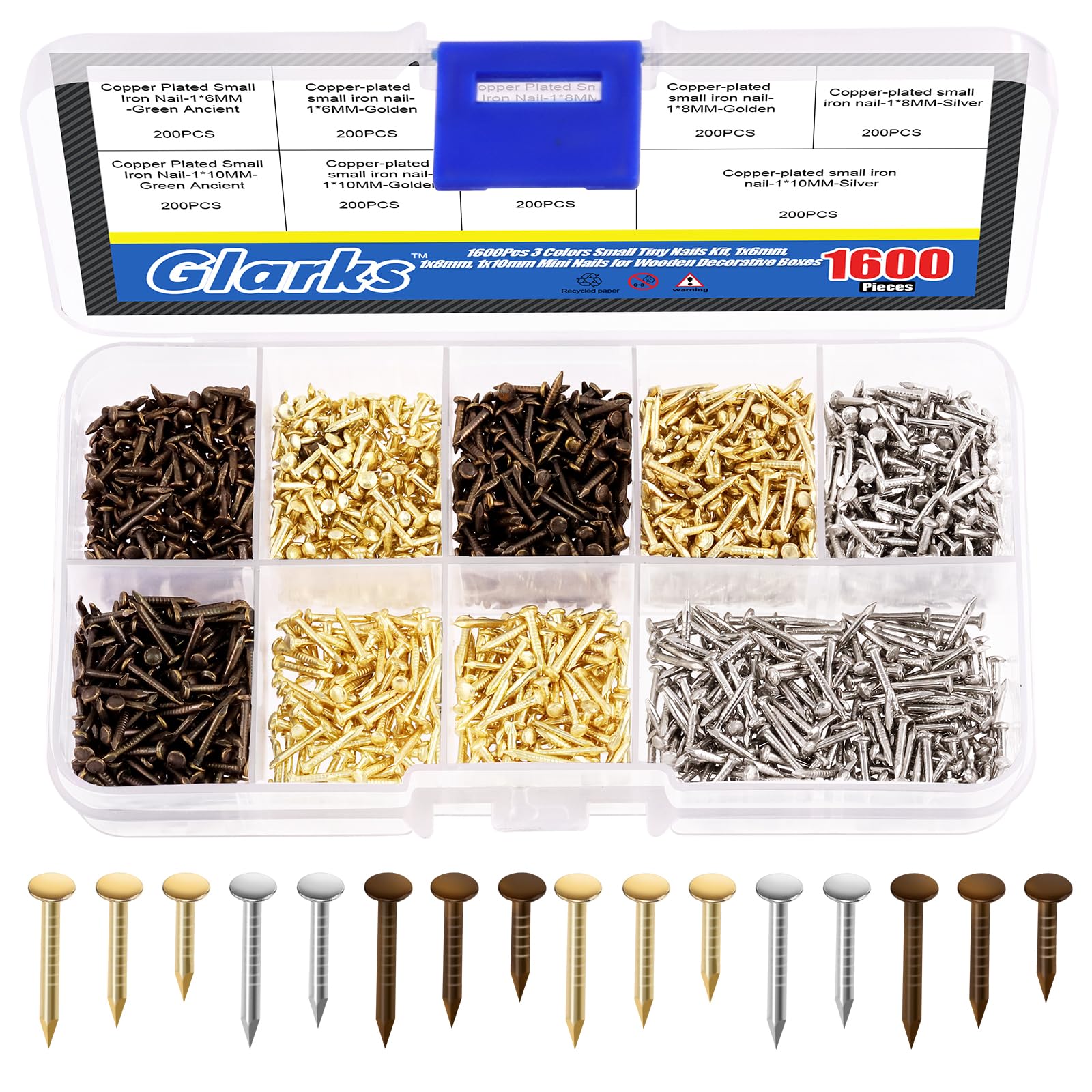 Glarks 1600Pcs Small Tiny Nails Kit Wood Screw Nail Gold Silver Bronze 1x6mm, 1x8mm 1x10mm Mini Nails for DIY Hardware Accessories Fixed Installation