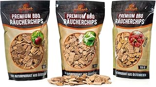 grillart® Premium BBQ Räucherchips XL Mix 3er Set für das besondere Raucharoma – sehr rauchaktives Räucherholz/Holzhackschnitzel – Vorteilspack 3X 750g Beutel