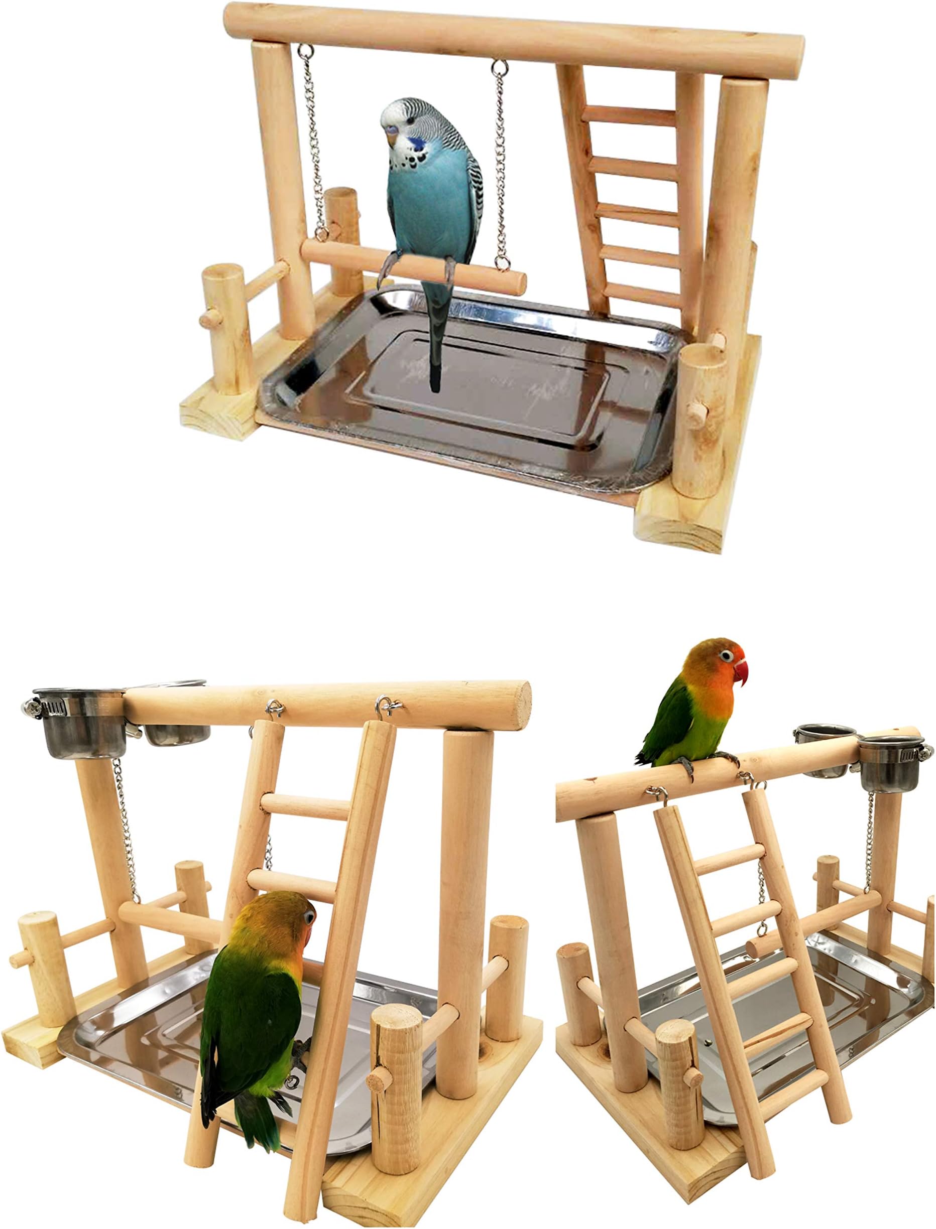 Borange Parrots Playstand Bird Playground Wood Perch Training Stand Cockatiel Playpen Ladders Birds Swing Wood Gym Tabletop with Feeder Cups Toys Exercise Play (Design A)