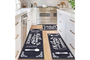 Vaukki Boho Kitchen Rug Sets 3 Pieces, Washable Kitchen Mats for Floor, Non Slip Soft Kitchen Area Rug Floor Mat for Kitchen, Laundry Room and Hallway (Black, 20''x32''+20''x47''+20''x59'')