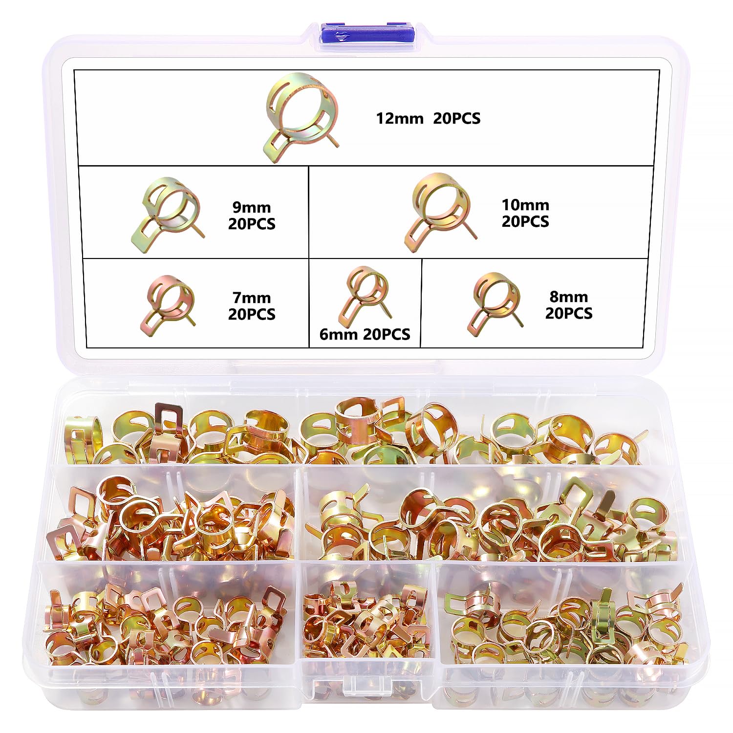 YIXISI 120 PCS Spring Clamps for Fuel Line, Water Pipe, Air Tube, Silicone Vacuum Hose - 6/7/8/9/10/12 mm Sizes - Golden