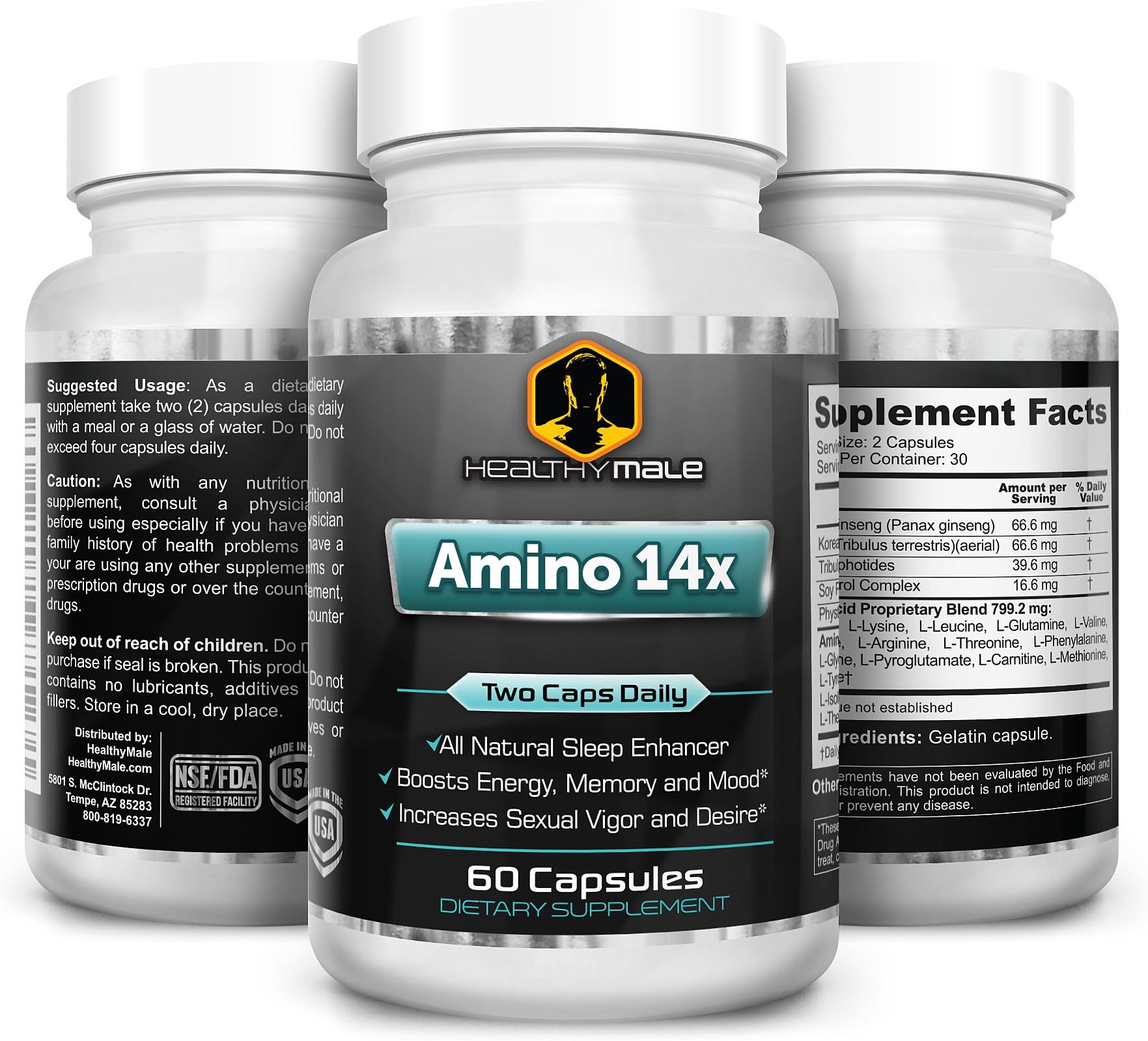 Amino 14x - Energy, Memory and Mood Enhancing - Increases Libido & Sexual Stamina - Natural Sleep Formula and Immune System Booster Featuring Tribulus Terrestris, Panax Ginseng, Arginine.