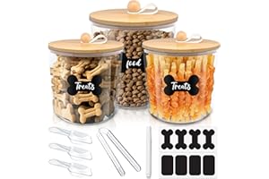 HOYTAMDAR 3 Pack Airtight Dog Food Storage Container, Dog Treat Container Dog Food Containers with Bamboo Lids 8x7''&6x5'',Pet Food Storage Container,Cat Food Container with Scoops,Clamp,Labels,Pen