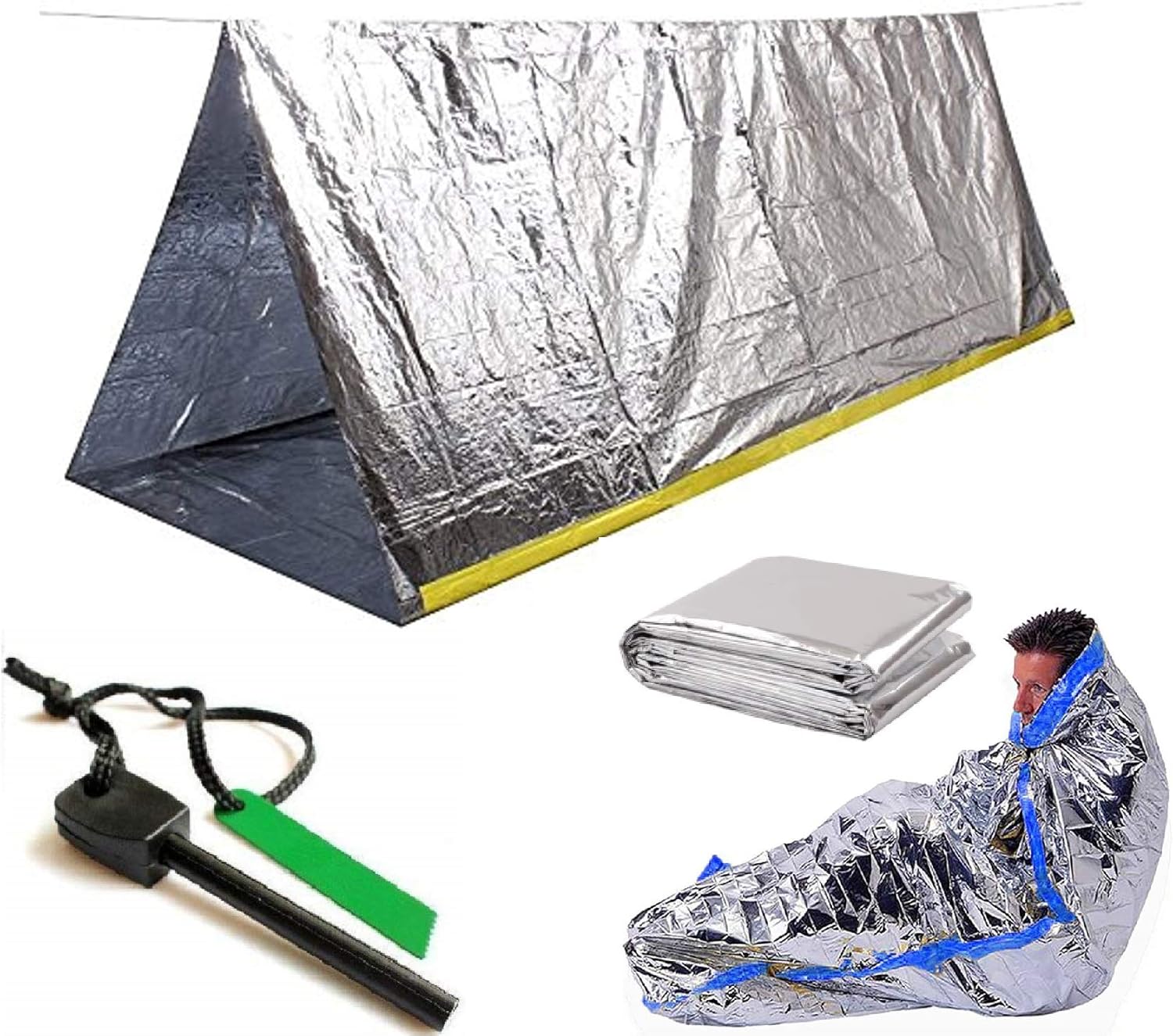 Amazon Com Sportsman Industries Survival Shelter Kit With Free Fire Starter 4 Piece Mylar Thermal Tent Blanket And Sleeping Bag Is Best For Camping Hiking Survival Gear Or Your Emergency Kit Sports