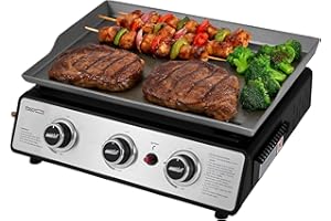 Royal Gourmet PD1301S Portable 3-Burner Tabletop Gas Griddle, 25,500 BTU Cooking Power, 304 Sq. In. Cooking Surface, Ideal for Camping & Tailgating, Black & Silver
