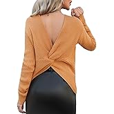 Women's Casual V Neck Criss Cross Backless Long Batwing Sleeve Loose Knitted Sweater Pullovers