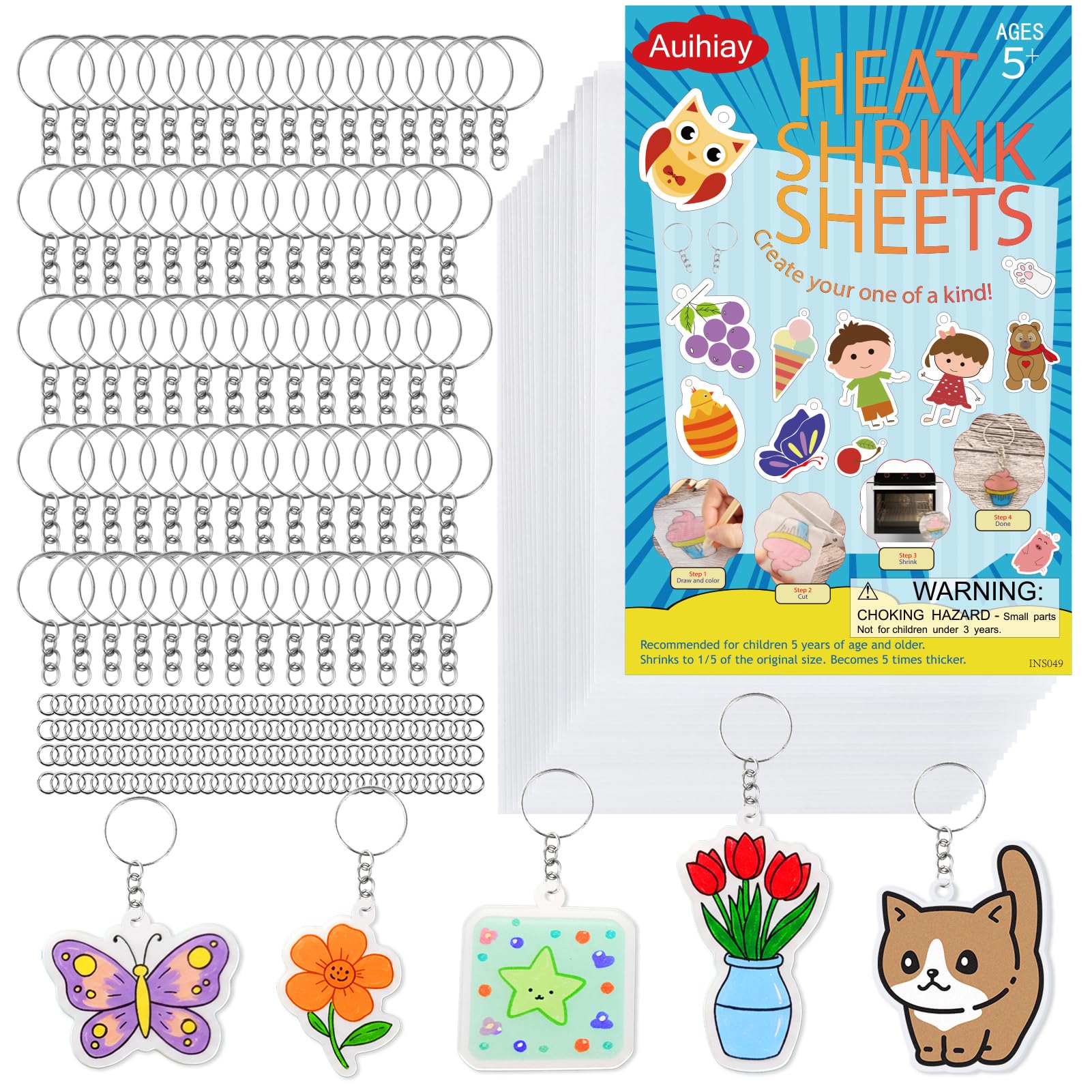 Auihiay 325Pcs Shrink Plastic Kit - 25PCS Shrink Sheets + 100 Keychains, DIY Shrinky Paper Art Supplies for Jewelry, Keychain Making, DIY Mother's Day Crafts Gifts