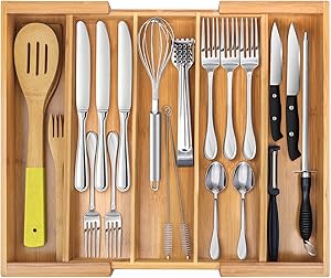 Expandable Cutlery Tray & Utensils Drawer Organizer for Silverware, Flatware Organizer with 5 Compartments & Kitchen Drawer Storage with Bamboo- by Ybj-ake