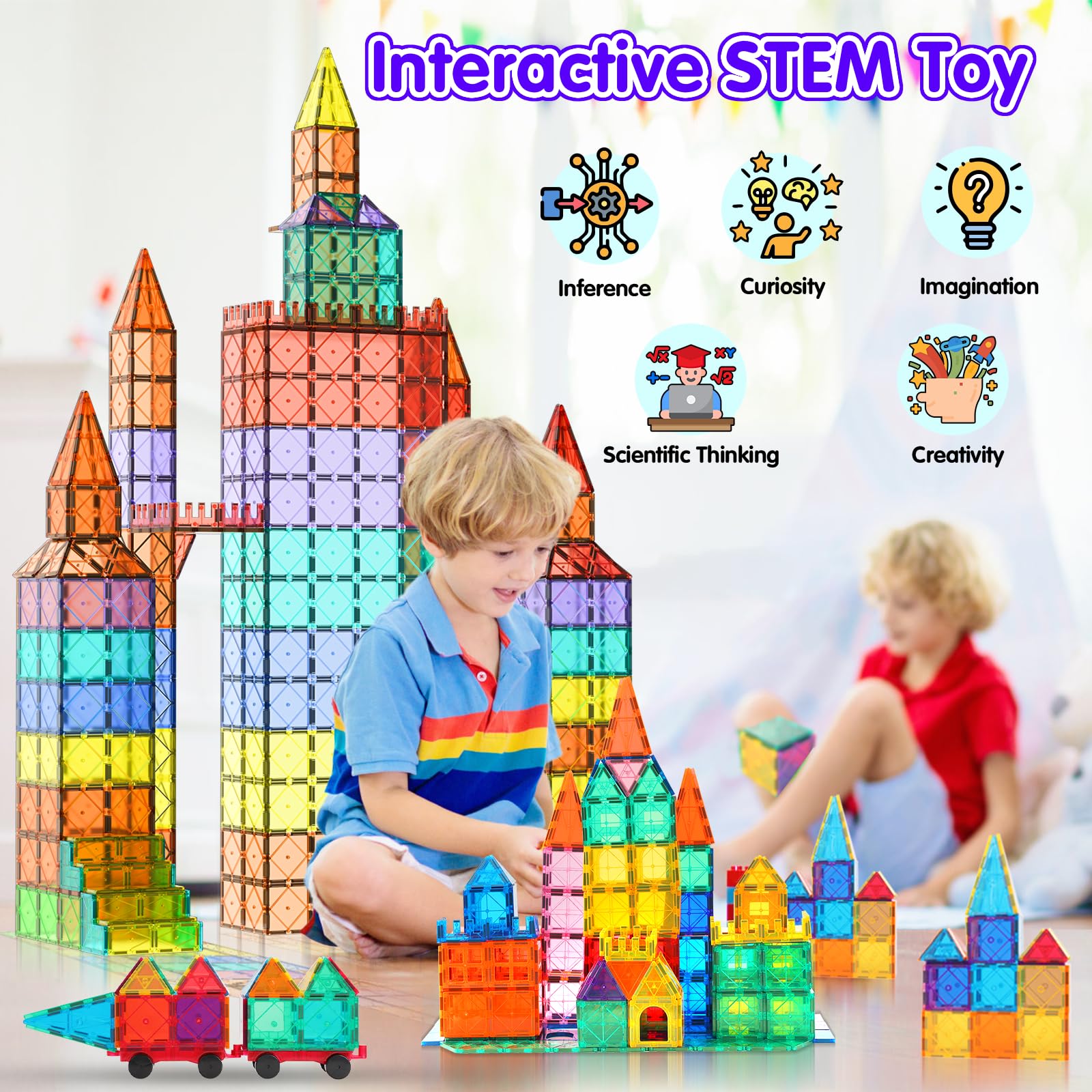 102 Pcs Magnetic Tiles Kids Toys(Includes 2 Cars) STEM Toys for Toddler Magnetic Building Blocks Toy Preschool Must Haves Toy for 3+ Year Old Boys and Girls, Safe Material with Strong Magnetism