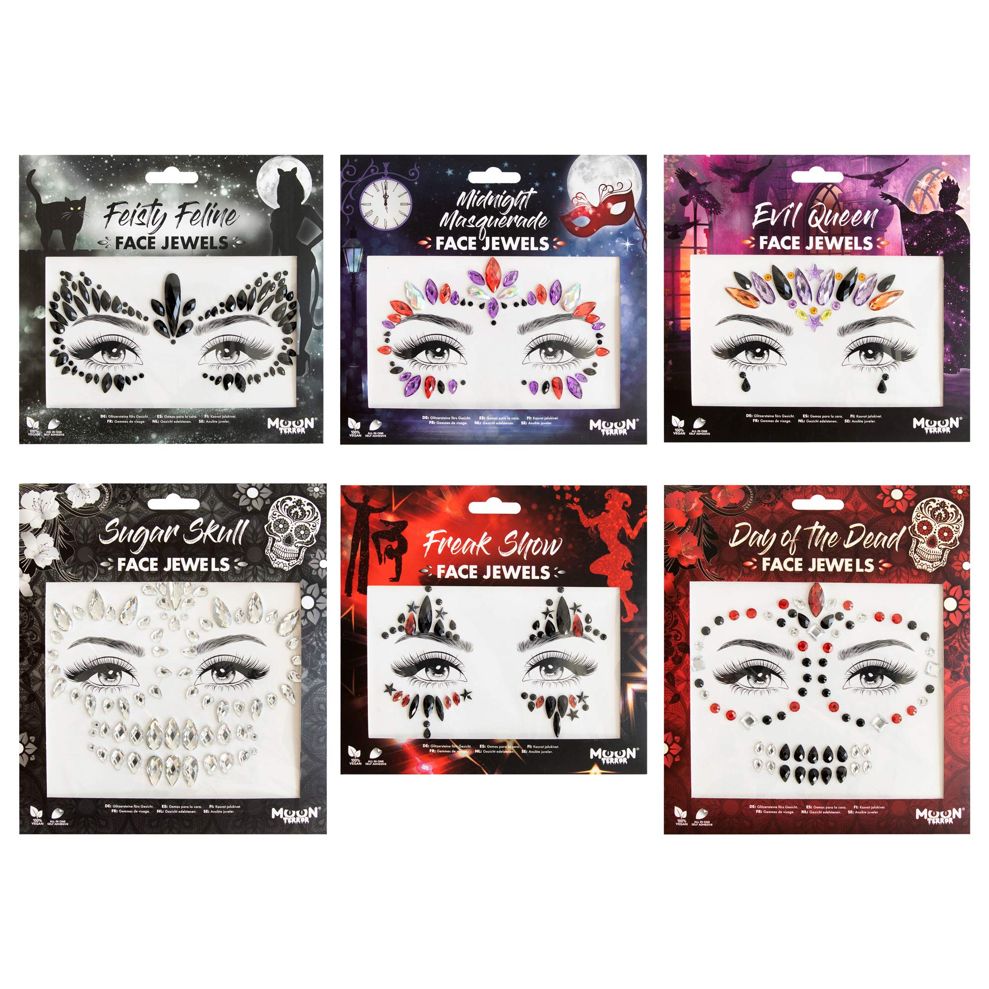Face Jewels by Moon Terror - Festival Face Body Gems, SFX Make up, Crystal Make up Eye Glitter Stickers, Temporary Tattoo Jewels, Special Effects Make up (Set of 6) — image 1