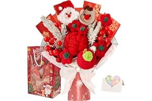 inhand Crochet Flowers Bouquet Christmas Decorations with Reindeer, Santa Claus and Red Rose Poinsettias for Table Decor, Party Favors Funny for Women, Men,Wife,Mom,Kids (Gift Cards and Bag)