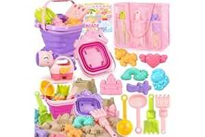 CatchCute Unicorn Collapsible Beach Toys,14 PCS Sand Toys Set with Animal Foldable Buckets,Shovels,Sifter,Sand Molds,Castle B