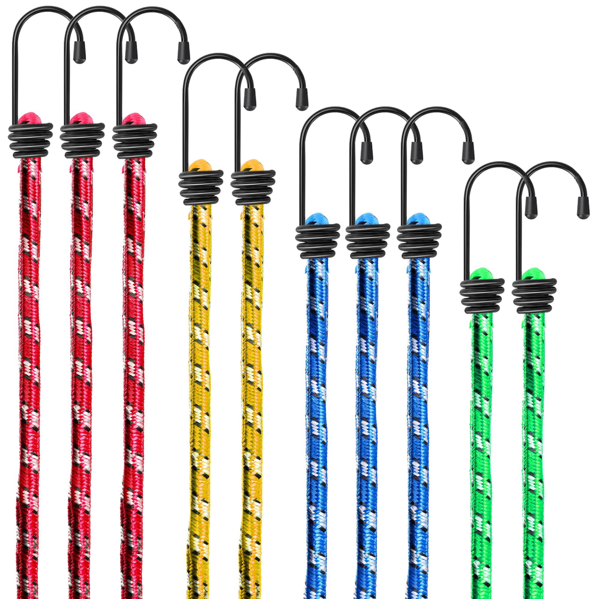 SOL 10pk Bungee Cords with Hooks Assorted 40cm 60cm 80cm 100cm Lengths Heavy Duty Bungee Straps for Luggage Tarpaulin Camping Roof Rack Bike Storage Strong Stretch Tie Down Travel Outdoor Use