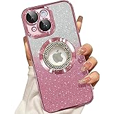 Misscase for iPhone 15 Plus Magnetic Glitter Case Compatible with MagSafe,Full Protection Slim Shockproof Anti-Scratch Case with Camera Lens Protector Logo View Dust-Proof Net for Women Pink