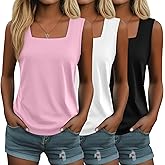 Huukeay 3 Pack Summer Women's Tank Tops Cotton Sleeveless Shirt Loose Fit Square Neck Tank Top with Side Slits(Black, White, Pink,Small)