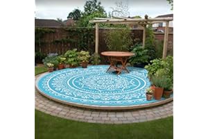 Vaukki Reversible Boho 8 Ft Round Rugs, Plastic Straw Outdoor Mat, Outdoor Patio Mat, Lightweight Mandala Area Carpet for Patio, Deck, Camping, Beach, Dining Room, Backyard and Picnic,Teal