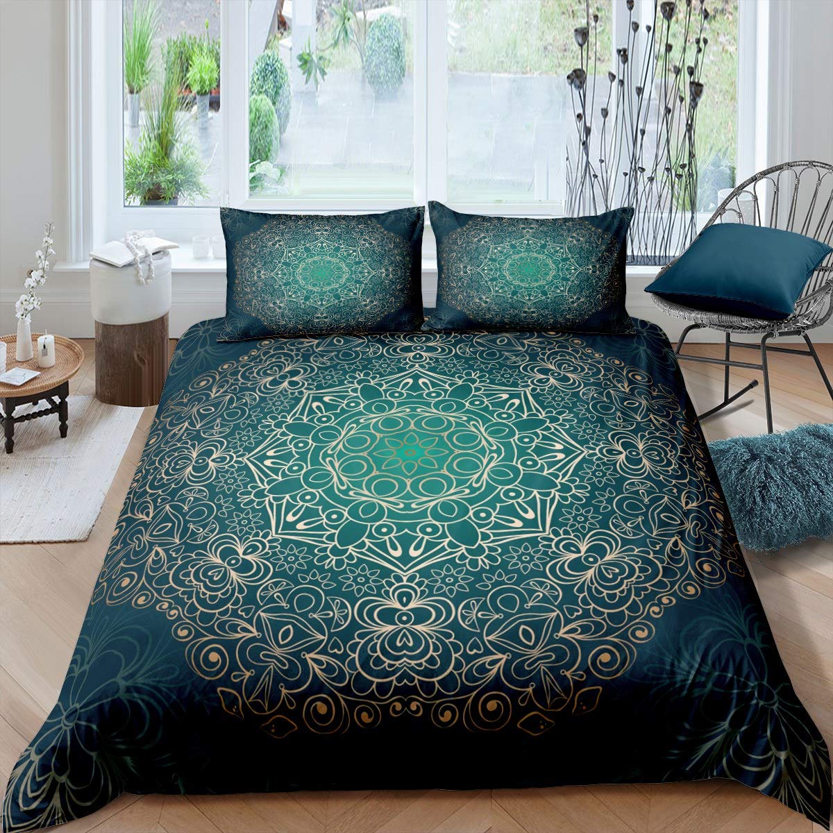Loussiesd Boho Mandala Duvet Cover Bohemian Style Bedding Set Decorative Exotic Floral Comforter Cover for Girls Kids Women Chic Golden Green Bedspread Cover King With 2 Pillow Case — image 1