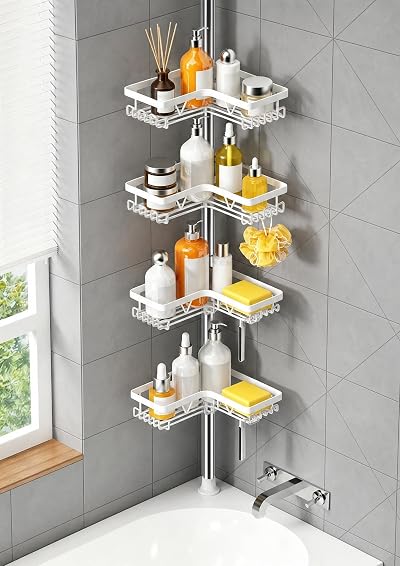 KEGII Telescopic Corner Shower Caddy Stainless Steel No Drilling White