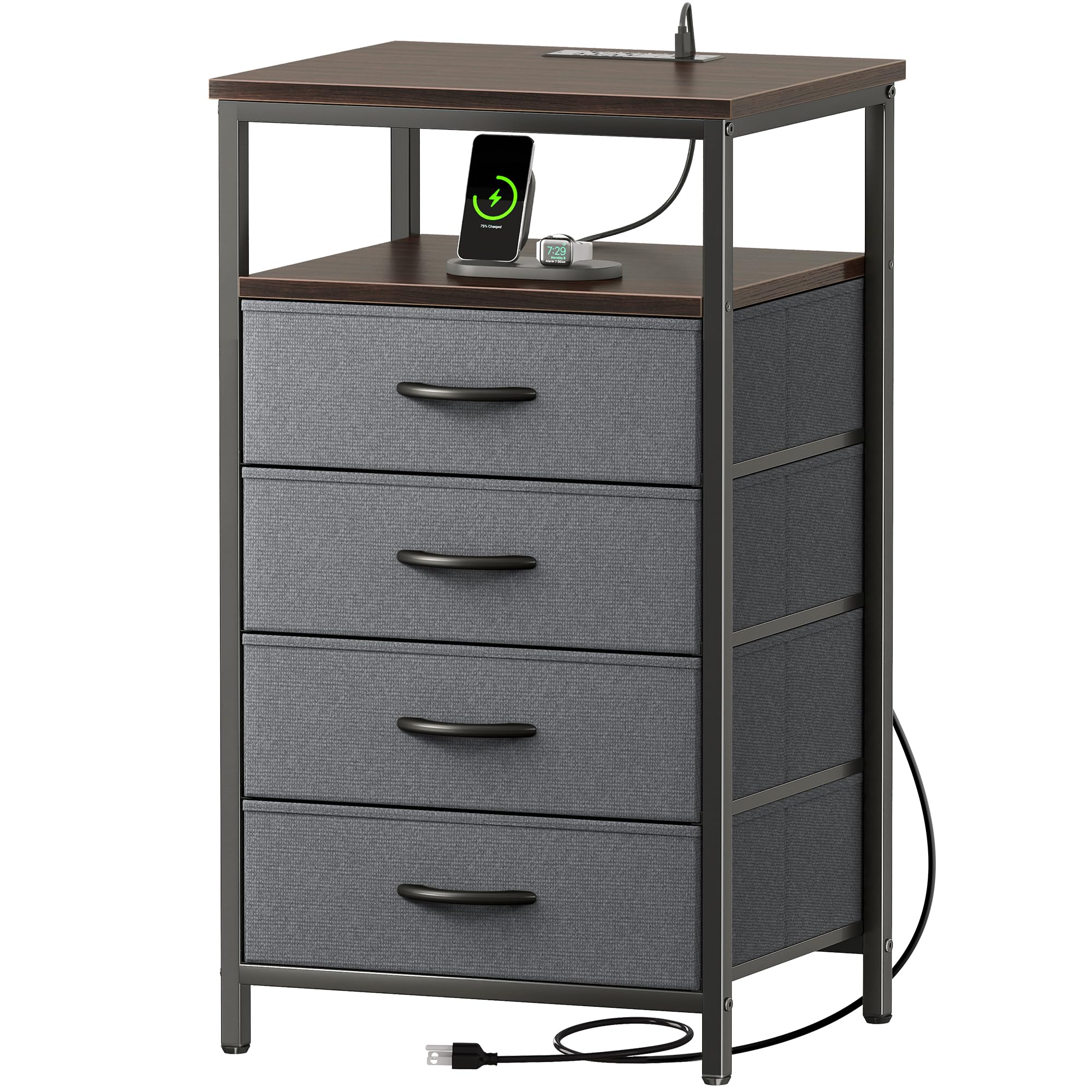 Huuger Night Stand with Charging Station, 4 Drawer Dresser for Bedroom, Bedside Table, 33.9 Inch Tall Nightstand with Open Shelf, End Table, for Closet, Entryway, Bedroom, Walnut