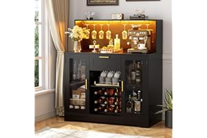 Unikito Wine Bar Cabinet with LED Light, Liquor Cabinet with Wine Rack and Glass Holder, Coffee Bar Cabinets with Drawer, Buffet Sideboard Table with Storage Shelves for Home Kitchen, Black