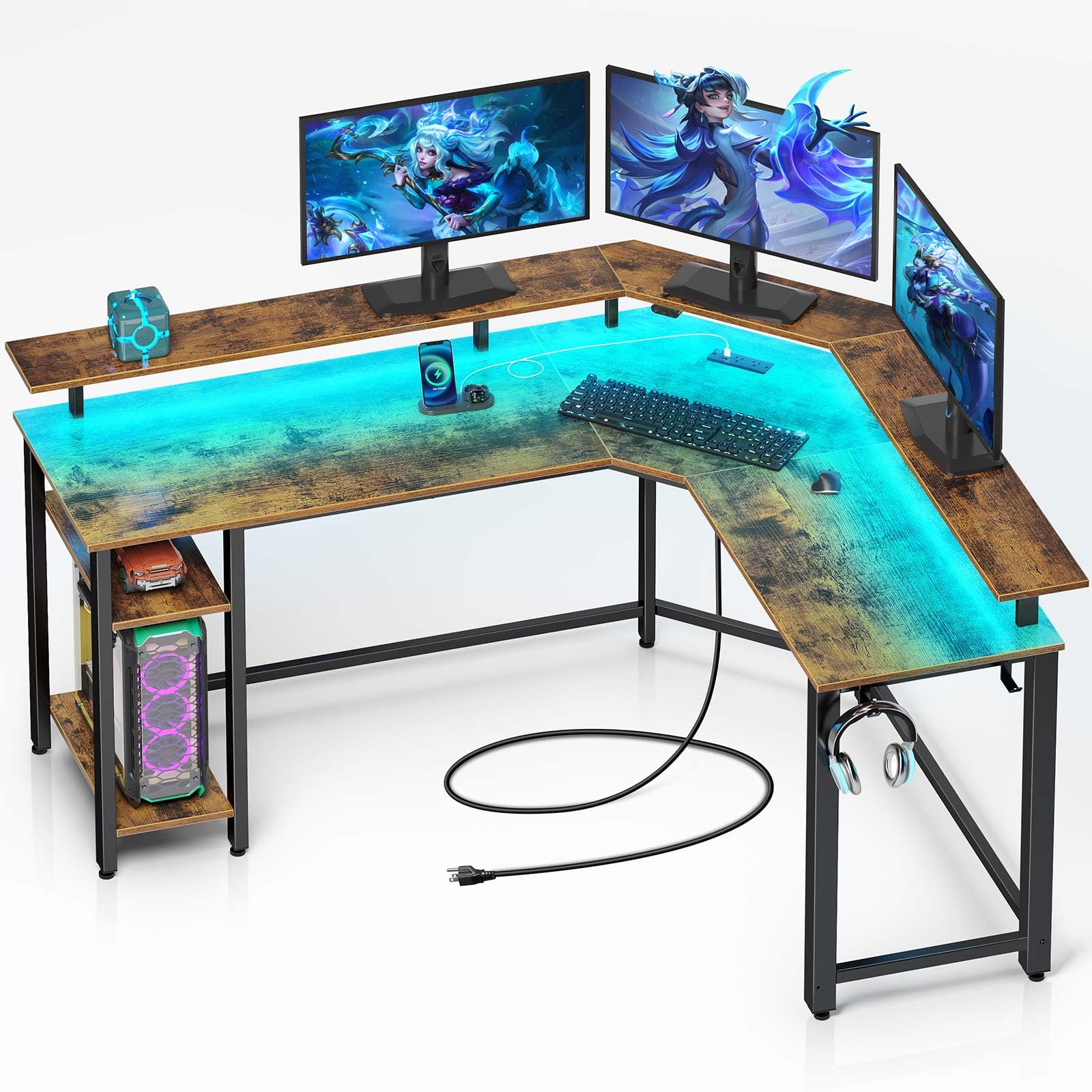 Rolanstar L Shaped Gaming Desk with LED Lights & Power Outlets, 46.2" Computer Desk with Full Monitor Stand & Storage Shelf, Corner Desk with Hooks, Rustic Brown Desk Reversible Image