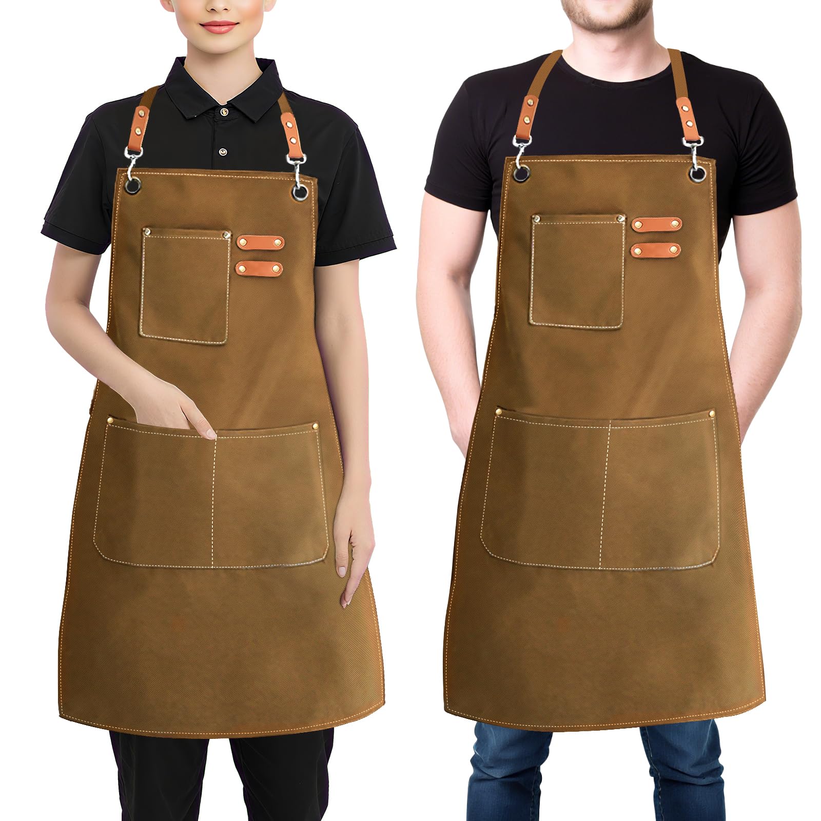 Aprons for Women Men, Cotton Canvas Chef Apron with Adjustable Strap & Large Pockets, Cross Back Work Aprons for Kitchen Cooking, Baking, Gardening, Painting, Artist, One Size Fits All (Brown)