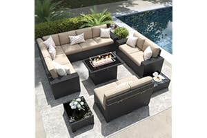 LayinSun 13 Pieces Outdoor Patio Furniture Set with 44" Fire Pit Table Rattan Sectional Sofa Conversation Sets