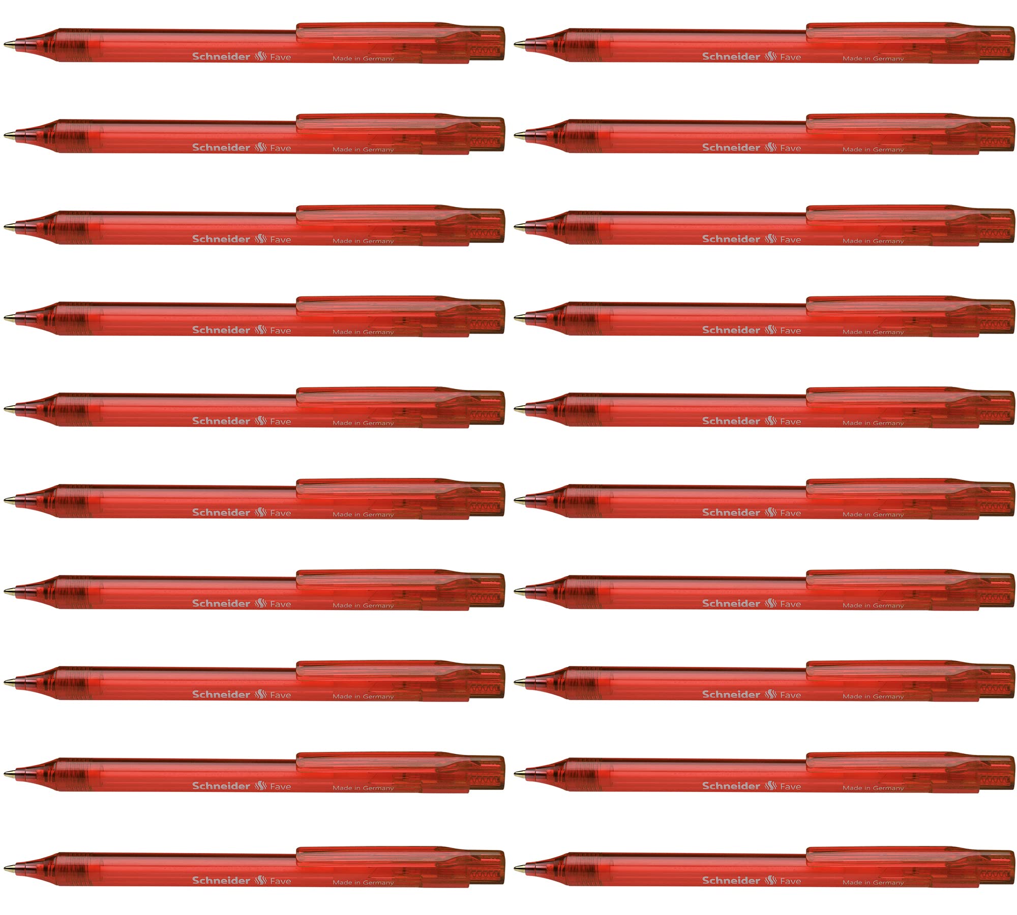Schneider Fave Click-Top Ballpoint Pens / Nib Size M / Pack of 20 / Transparent Red Barrel / Red Ink