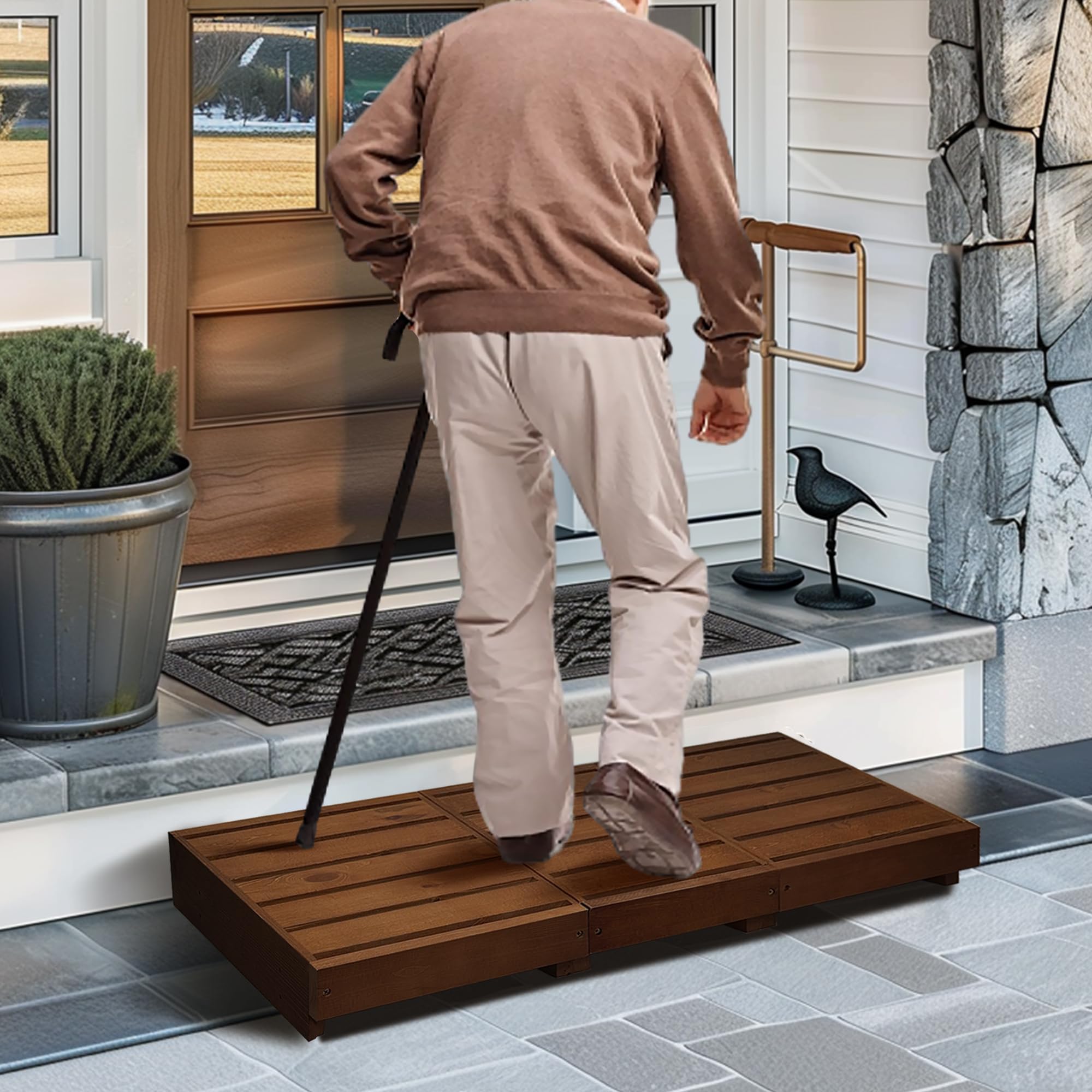 Photo 1 of Outdoor Steps 3.5'' Height, Wooden Step Platform 35” Length, Step Stool with Non Slip Pads, Wooden Platform, Step for Outside, Wooden Platform for Bathroom, Kitchen, Bed(Walnut)