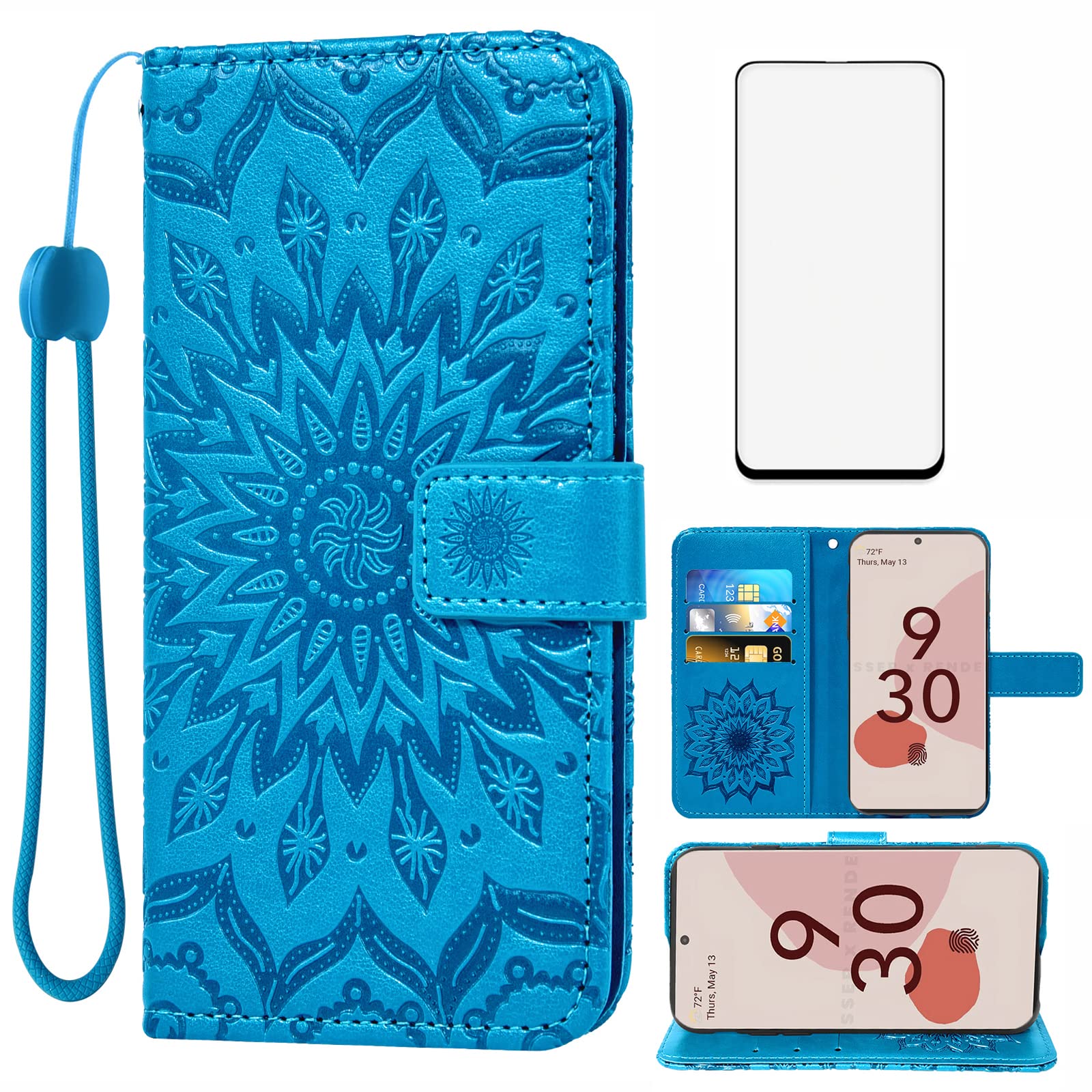 Asuwish Phone Case for Google Pixel 6 Wallet Cases with Tempered Glass Screen Protector and Sunflower Leather Slim Flip Cover Card Holder Stand Cell Accessories Pixel6 Pixle Six Women Men Blue
