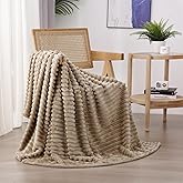 Linecooo Tan Fleece Throw Blanket 50”×60” for Couch Sofa Bed,Super Soft Cozy Plush Blanket with Stripes Design Lightweight for Adults,Woman,Girls
