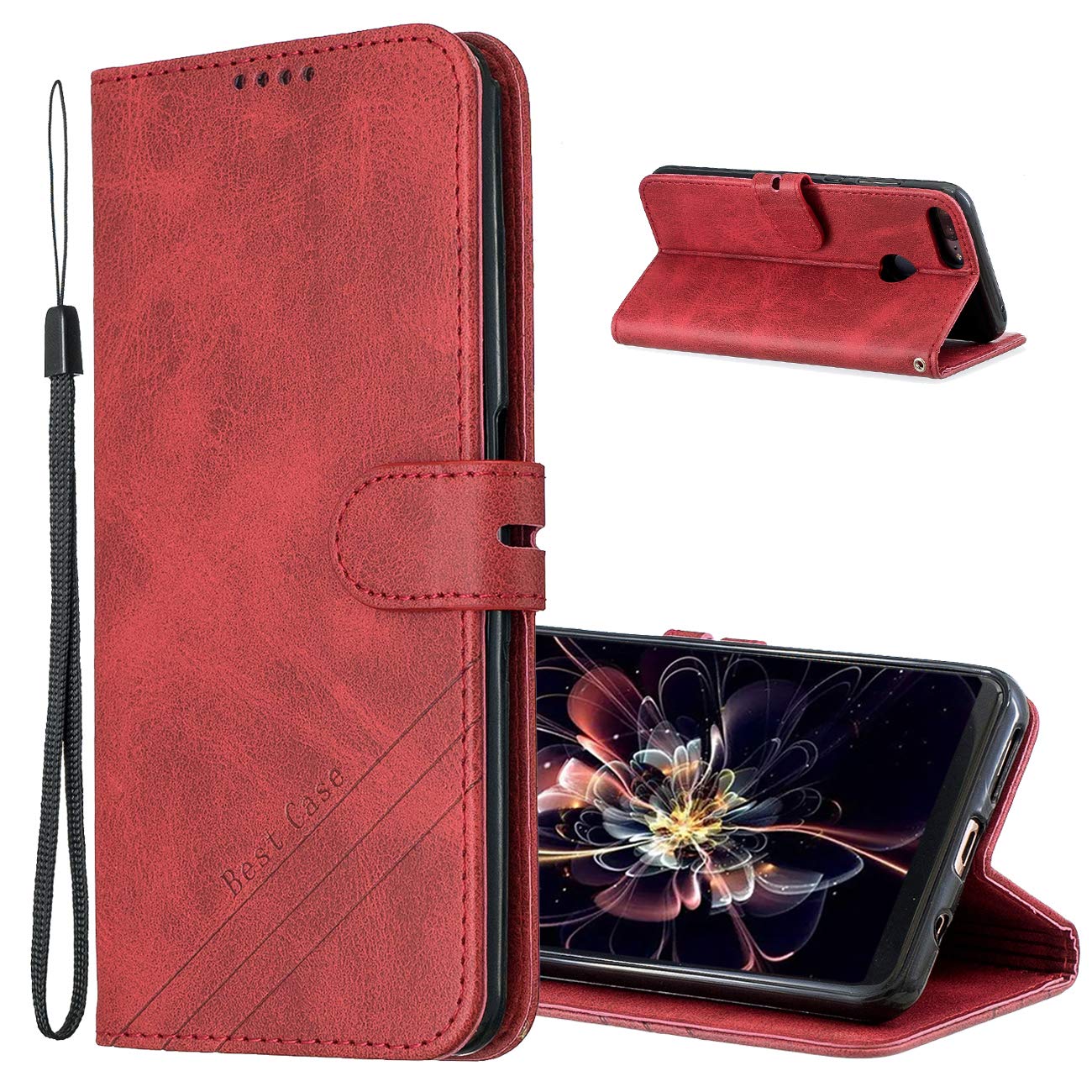 MRSTER Case Compatible with Honor 9 Lite, Premium PU-Leather Flip Wallet Cover Phone Case for Huawei Honor 9 Lite. HX Retro Red